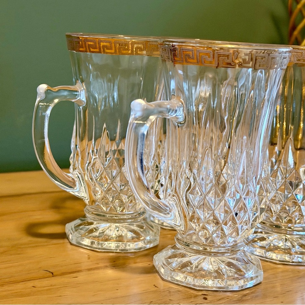 Vintage Astra Gold Cut Crystal Mugs – Gold Greek Key Trim – Set of 4 - Picture 2 of 11
